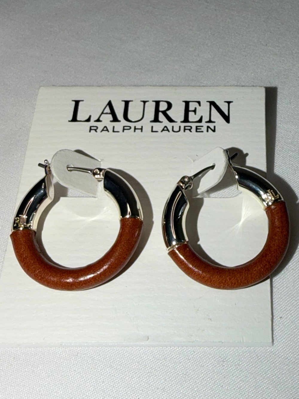 NWT LAUREN Ralph Lauren Brown Leather-Wrap Hoop Earrings Silver Tone